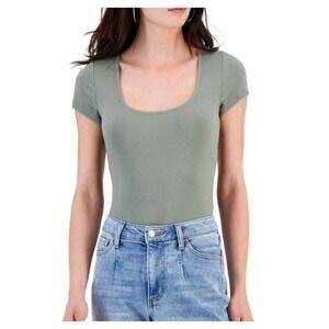 And Now This Bodysuit Square Neck Ribbed Sage Green Short Sleeve Top Size L NWT